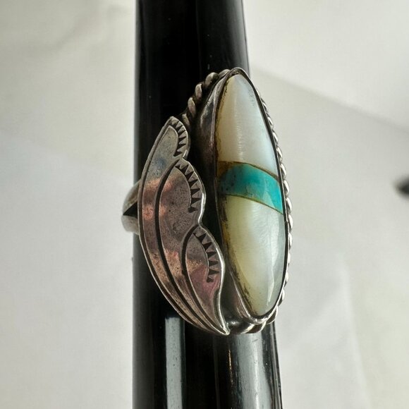 Sterling Silver Mother of Pearl Turquoise Ring Size 5.5 Signed BW - Picture 2 of 7